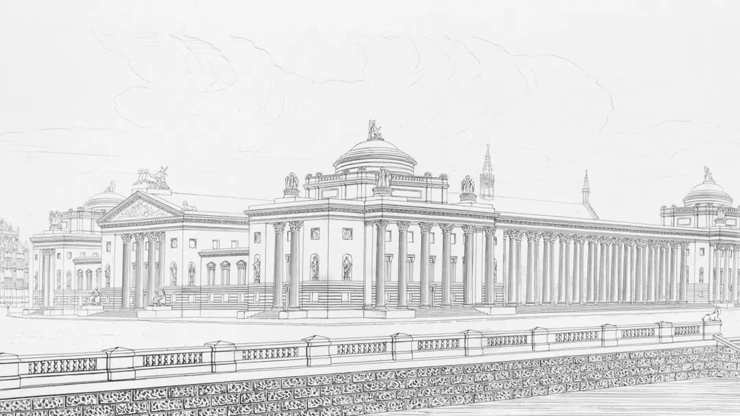 A grand neoclassical building with a long colonnade