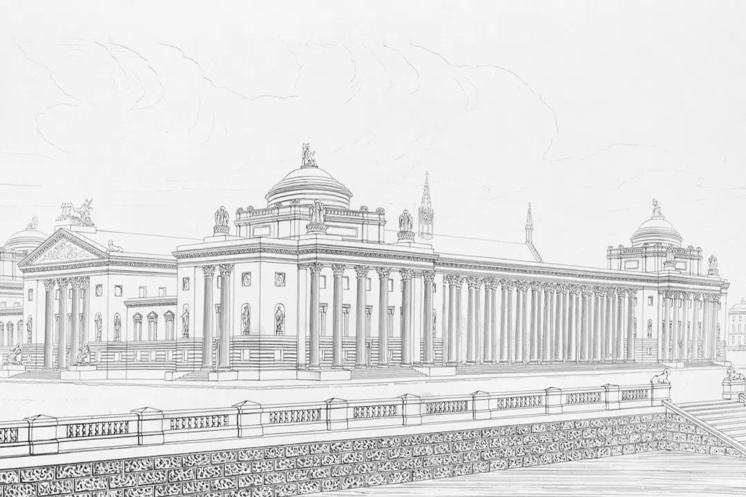 A grand neoclassical building with a long colonnade